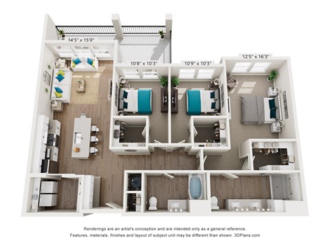 A floor plan of a small apartment with two bedrooms and a living area.